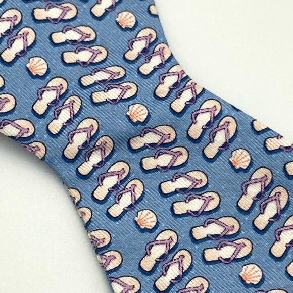 Bow Tie Flip Flops Seashells 100% Silk Blue Pink Adjustable Coastal Preppy - Picture 2 of 4